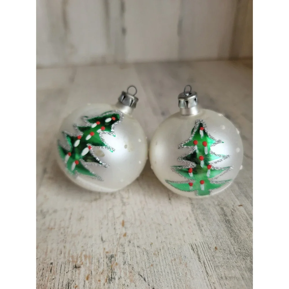 Vintage mini Xmas tree ball glass glitter ornament set unique silver